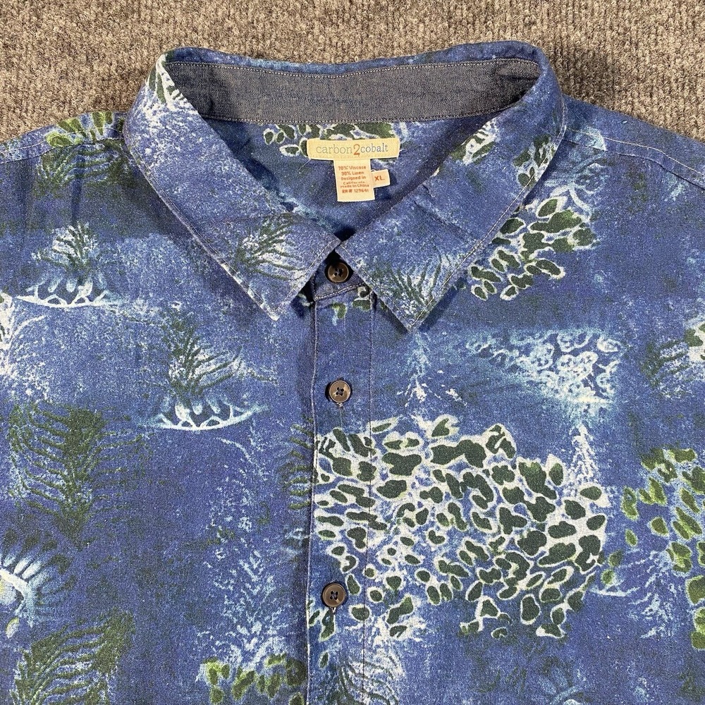Carbon 2 Cobalt Mens XL Hawaiian Floral Print Viscose Linen Blend Shirt